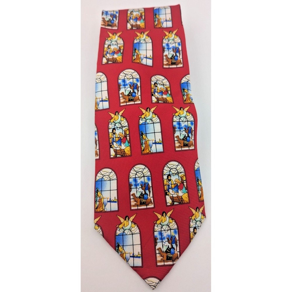 Belk Tis The Season Holiday Tie Stained Glass Angel Design Red 100% Silk